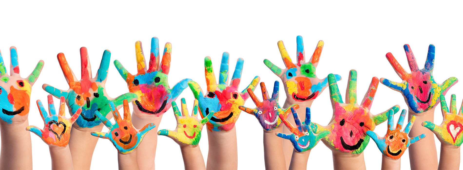 The image displays a collection of hands painted with colorful, childlike designs, forming a line that extends from the foreground into the background.
