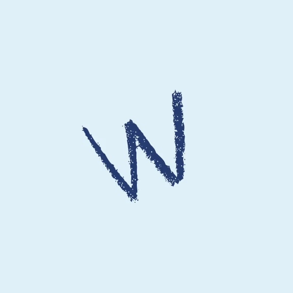 The image displays a graphic with the letter  W  stylized in a handwritten font, set against a white background.